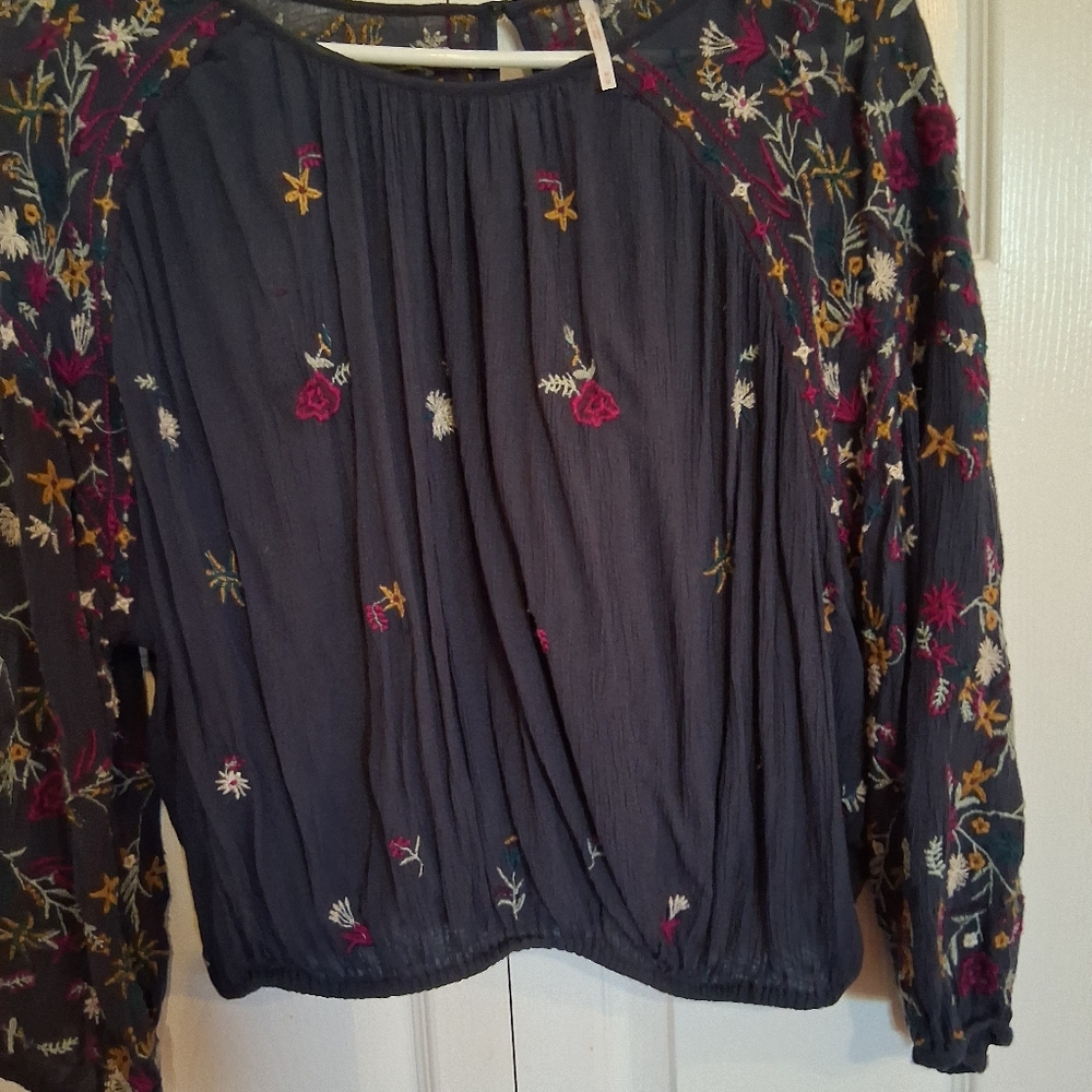 Free Peaple  Embroidered Navy Women's Top